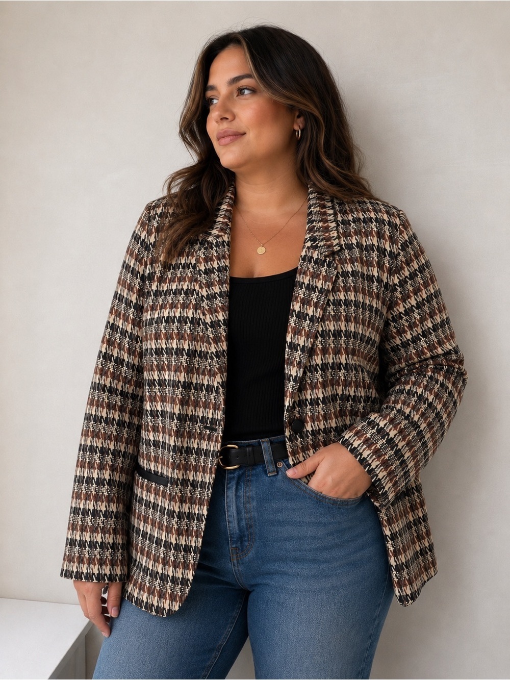 Cato Houndstooth Knit Blazer Jacket Plus Size 22/24W Brown Black Open Front